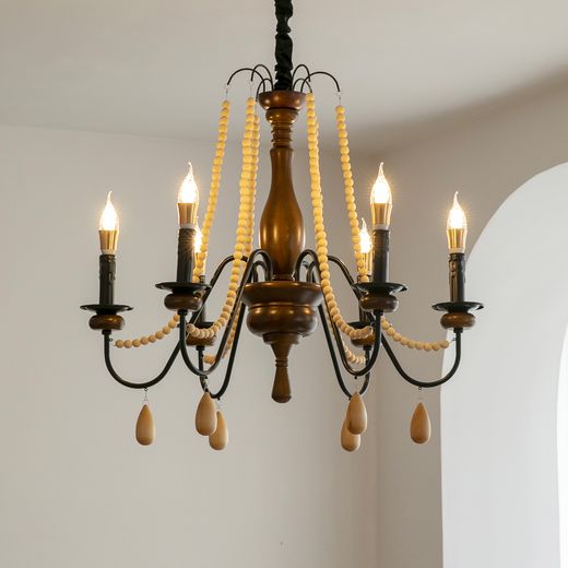 Wood Bead Candle Chandelier